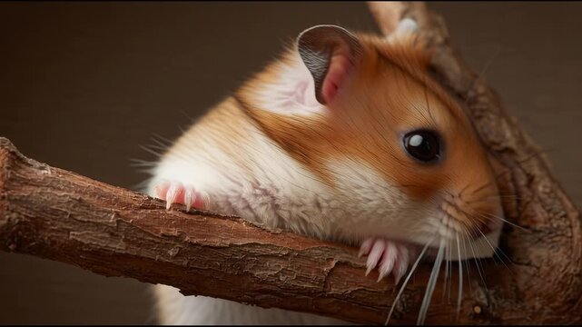 Close-up of a cute hamster perched on a tree branch.