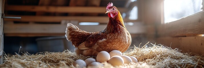 A Hen Caring for Her Freshly Laid Eggs in a Rustic Coop, Emphasizing Natural Farm Life and Care