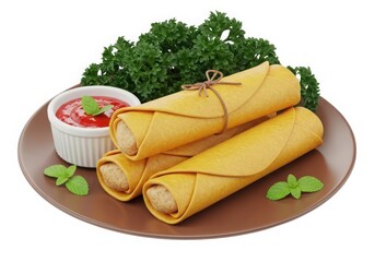 Delicious spring rolls served with ketchup and fresh herbs isolated on white background