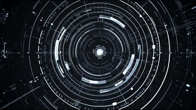 Futuristic Digital HUD Interface with Concentric Circles and Data Streams.