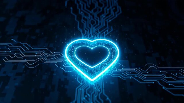 Glowing Digital Heart Emanating From Circuit Board Against Dark Tech-inspired Background Showcasing Artificial Intelligence Cyber Connection For Tech Health Data Concepts