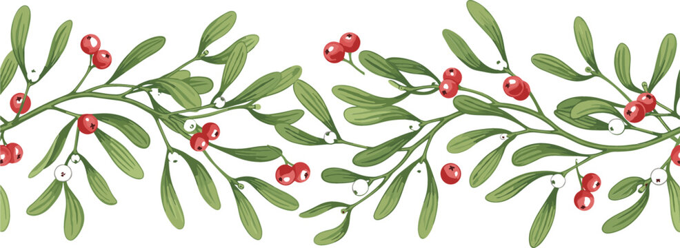 Mistletoe branch vector illustration with green leaves and red berries festive Christmas botanical decoration isolated on white background