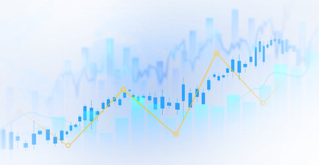 Transparent stock market chart with candlestick bars and rising trend line. Digital finance background showing trading, investment growth, profit analysis and economic data.