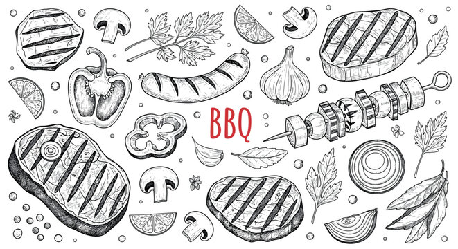 Hand Drawn BBQ Grill Food Elements Sketch Vector Illustration
