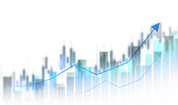 Transparent stock market chart with candlestick bars and rising trend line. Digital finance background showing trading, investment growth, profit analysis and economic data.