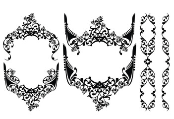 black and white vector design set of elegant antique style floral frame decor made of rose flowers and stems with venetian gondola boat bow © Cattallina