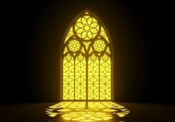 Fototapeta premium Glowing Gothic Window Arch with Golden Light and Reflection.