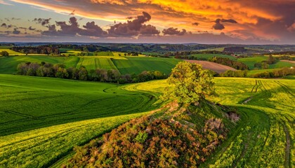 Obraz premium Vibrant agrarian expanse at sunset, with a solitary green tree atop a hill, bathed in the rich glow of a dramatic sky. Rolling fields stretch under warm, dynamic clouds, showcasing nature's beauty and