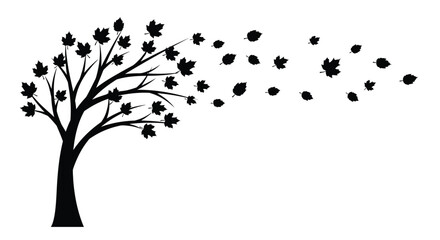 Autumn tree with falling leaves depicted in a striking silhouette