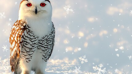Obraz premium Snowy Owl with Red Eyes Standing in Snow with Falling Snowflakes