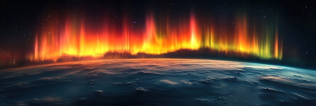 Colorful aurora borealis lights above Earth captured in detailed view from space at night