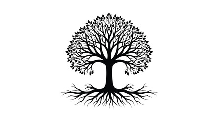 Detailed tree with lush foliage and prominent roots a striking silhouette © MdRabby