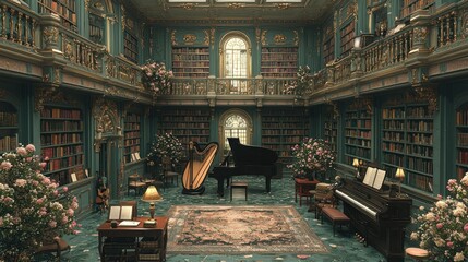 Naklejka premium Elegant Green Library Room with Grand Piano and Harp Surrounded by Bookshelves and Floral Decorations