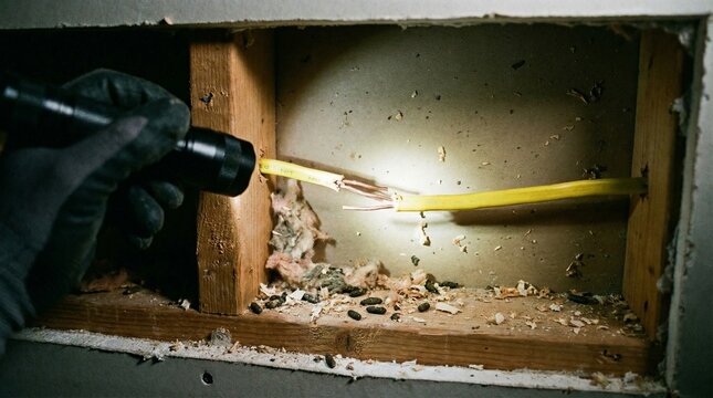 Electrician Shining Flashlight on Rodent Chewed Electrical Wire Inside Drywall Cavity