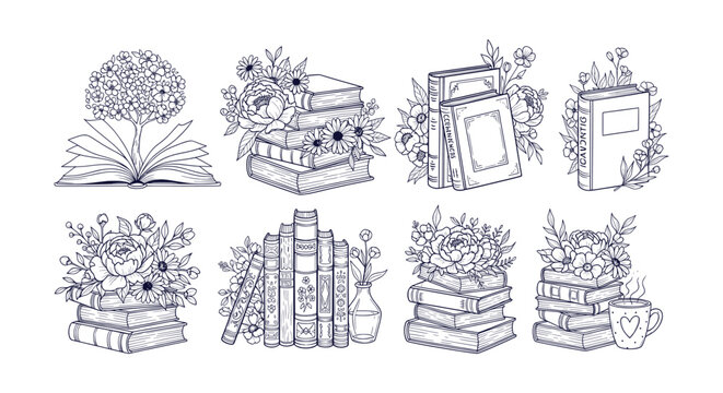 Elegant Floral Book Stacks Line Art Collection Beautiful Botanical Library Elements Vector Set