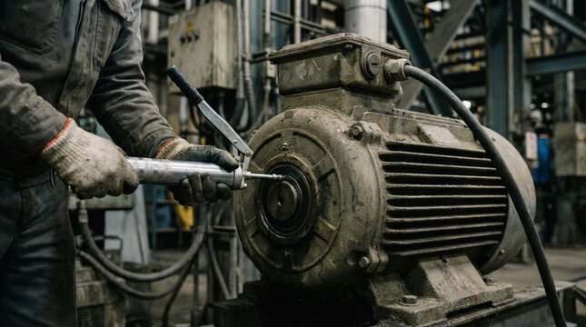 Close Up of Maintenance Electrician Using Grease Gun to Lubricate Large Motor Bearings - Preventative Maintenance