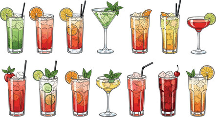 Hand drawn cocktail collection with tropical drinks, mojito, margarita, summer beverages, and fruit garnishes, vintage sketch vector set on white background. © Rubel