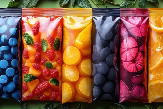 Graphic layouts for pouch packaging design featuring various snacks and supplements in minimal style