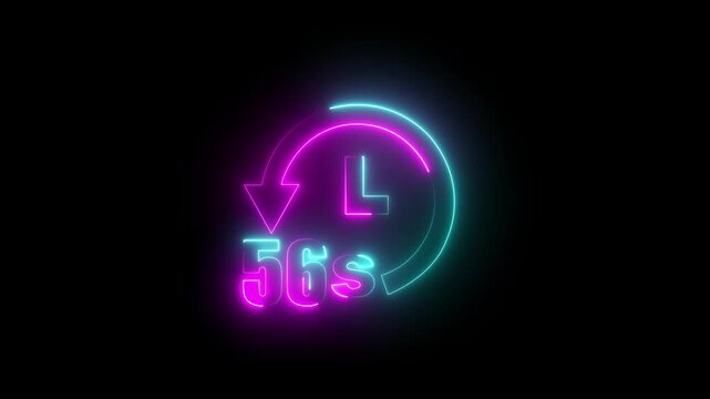Glowing neon line 56 seconds countdown timer. 1 minutes countdown animation with refreshing arrow. stopwatch concept on a transparent background.