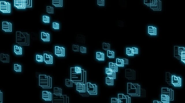 Floating Blue Document File Icons on Black and Green Screen &ndash; Digital Data Transfer and Cloud Storage Seamless Loop Animation