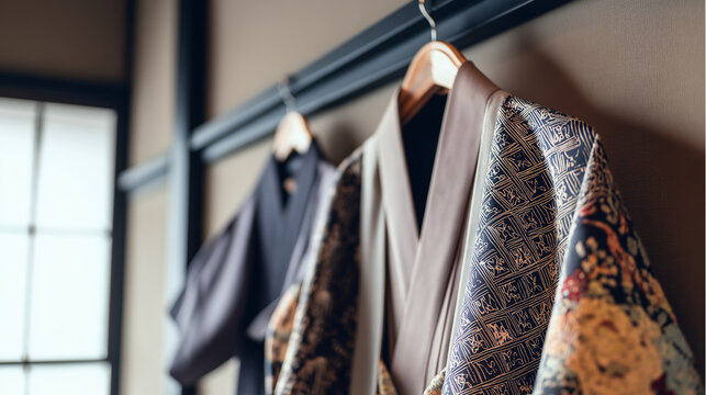 kamishimo. A formal Japanese kamishimo garment hanging on a hanger. event programs, museum guides, designed for cultural heritage projects and event programs.