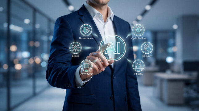 Businessman touching AI icon interface with governance, ethics, security and automation symbols, artificial intelligence strategy and digital transformation concept.
