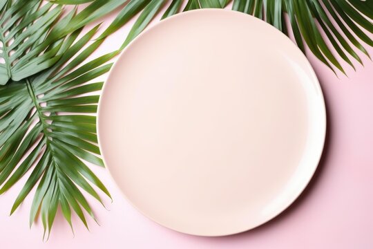 Empty pink plate centered with green tropical palm leaves on a pastel pink background