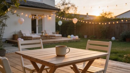Obraz premium Backyard set up for birthday gathering with wooden patio and coffee cup on table during sunset