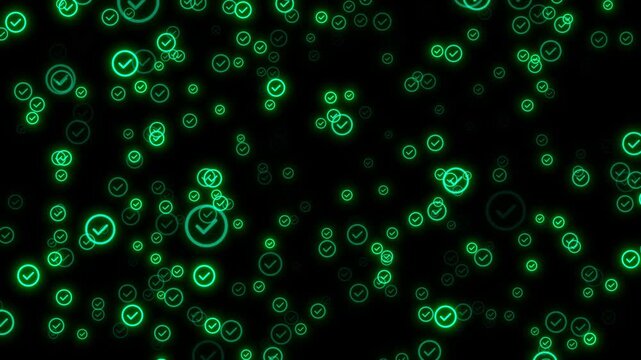 Glowing Green Checkmark Icons Floating &ndash; Abstract Neon Approval Particle over Black and Blue Screen Background