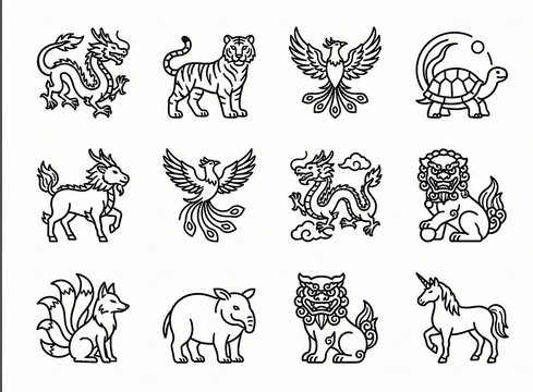 龍や鳳凰、九尾の狐など、東西の幻獣を描いたラインアートアイコンセット Mythical creatures and legendary beasts line art icon set featuring dragon, phoenix, and nine-tailed fox