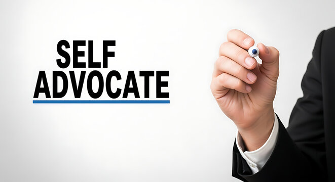 Businessman writing self advocate text, empowerment concept