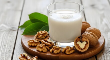 A glass of creamy walnut milk sits beside a pile of fresh walnuts on a wooden table.