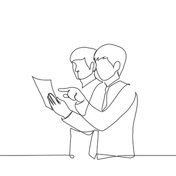 continuous line drawing of two businessmen standing together and reviewing a document. representing teamwork, collaboration, and professional partnership