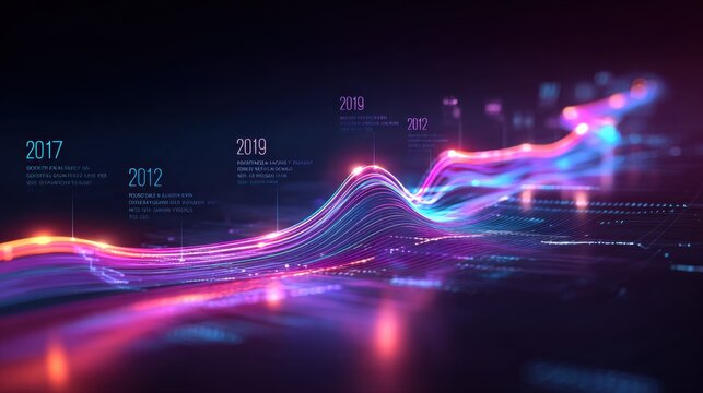 Abstract Digital Wave Visualization with Colorful Light Trails, Data Points, and Timeline of Years 2012 to 2019