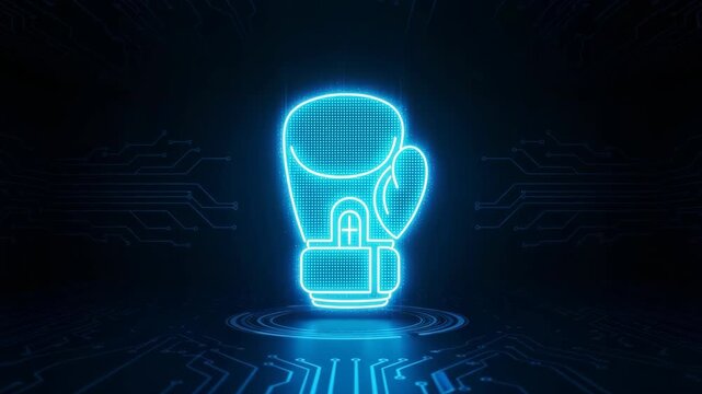 Illuminated Boxing Glove Symbol Set In Virtual Circuit Board Environment The Glowing Graphic Implies Technology Competition Strength Digital Impact Suited For Business Tech Sports Pr