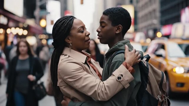 Affectionate young African American couple embracing on a bustling city street, smiling and gazing into each other's eyes, conveying love and tenderness in a vibrant urban setting with a blu