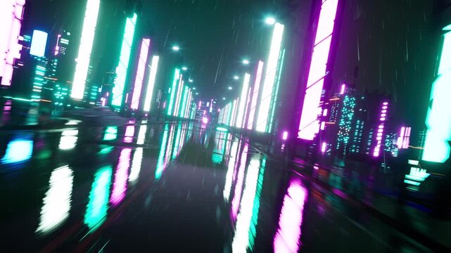 Aesthetic lo-fi cyberpunk drive through a rainy neon city. Perfect for chillhop music backgrounds, relaxing atmosphere, and synthwave visuals. High-quality 3D animation.