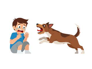 frightened boy barking dog illustration caution intimidation