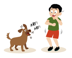 frightened boy barking dog illustration caution intimidation