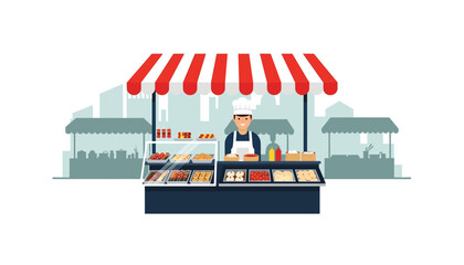 Happy chef serving delicious food at outdoor market stall