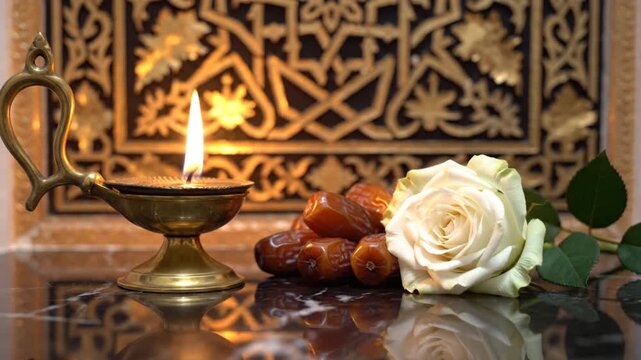Burning oil lamp, dates, white rose on marble with gold pattern
