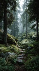 Obraz premium Misty Forest Path - Enchanting Trail Through a Verdant, Moss-Covered Woodland.