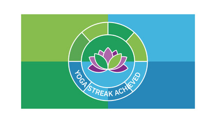 Vibrant yoga streak achievement badge with lotus flower
