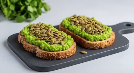 Healthy Avocado Toast Topped with Pumpkin Seeds on Whole Wheat Bread on a Cutting Board
