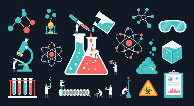 Tiny scientists in lab coats conduct experiments with oversized beakers, test tubes, and a microscope in a conceptual illustration about scientific research, chemistry, and laboratory work.