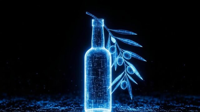 Digital Rendering Of Glass Bottle With Olive Branch Showcasing Tech Lines In Blue Glow Set Against Dark Background For Showcasing Futuristic Technological Concepts