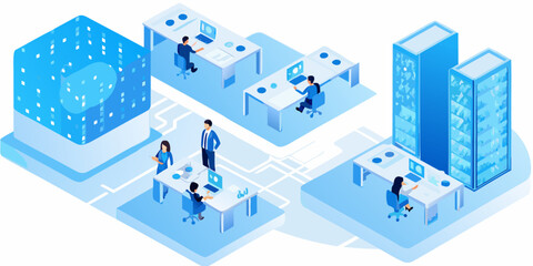 Isometric illustration of a modern office and data center infrastructure