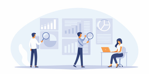 Team analyzes data with charts graphs and a laptop in a modern office