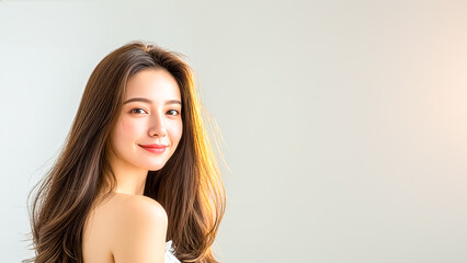 柔らかい日差しの中で微笑む美しい日本人女性。艶やかな長い髪と透明感のある肌を強調した、スキンケアやヘアケアに最適なビューティーポートレート