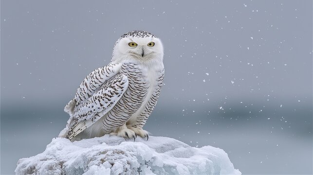 Snowy White Snow Owl Perched on Ice Flake in Cold Winter Landscape